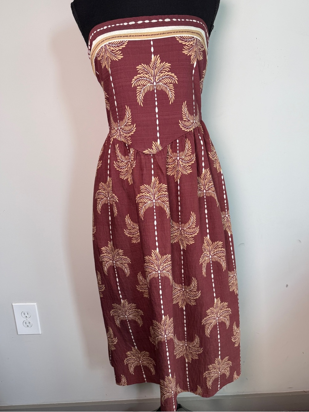 Monteau Palm Tree Print Smocked Strapless Midi Dress Boho Resort Sz M